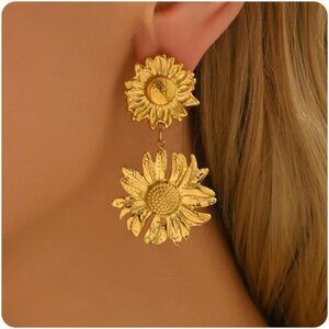 🆕 Women Gold Delicately Designed Earrings 18K Elegant Pearl Sunflower Jewelry
